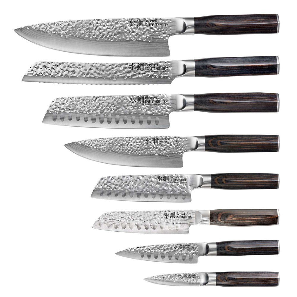 nine piece knife block with sleek black handles and shiny blades - Baccarat damashiro emperor hisa
