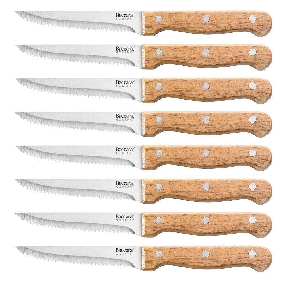 nine piece steak knife set in wooden block with stainless steel blades and brown handles - Baccarat