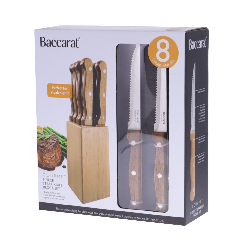 nine piece steak knife set in wooden block with stainless steel blades and brown handles - Baccarat