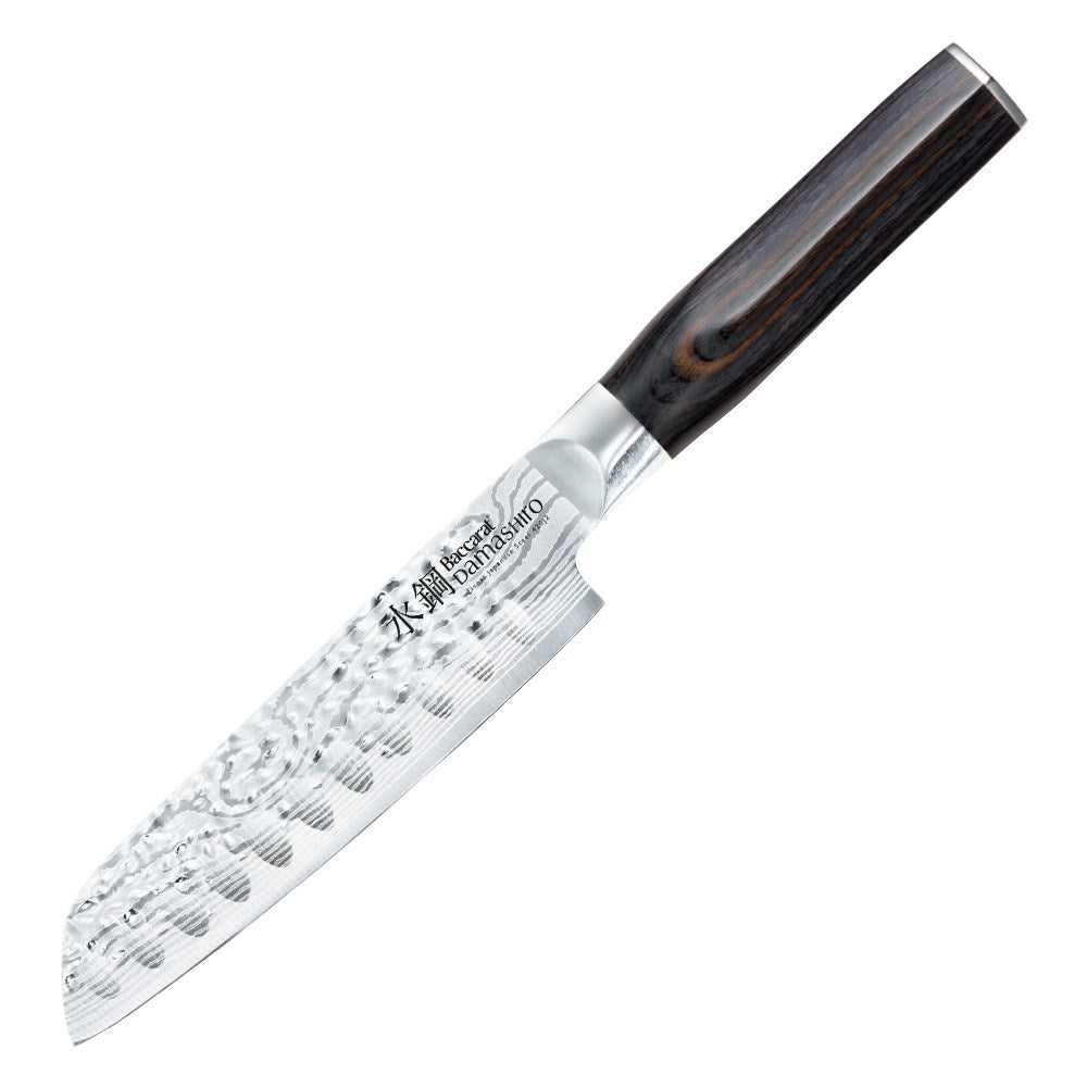Elegant chef's knife with Damascus blade and dark wooden handle in a stylish display box - Baccarat