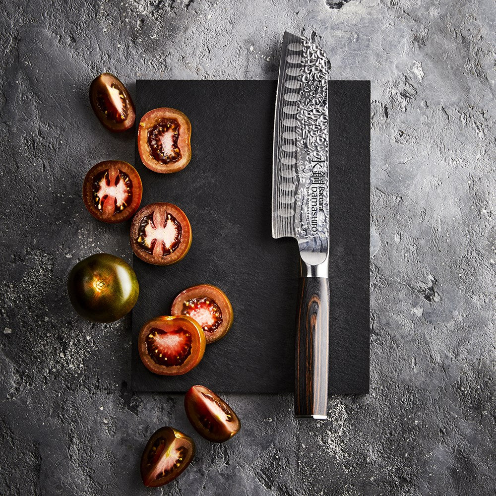 Elegant chef's knife with Damascus blade and dark wooden handle in a stylish display box - Baccarat