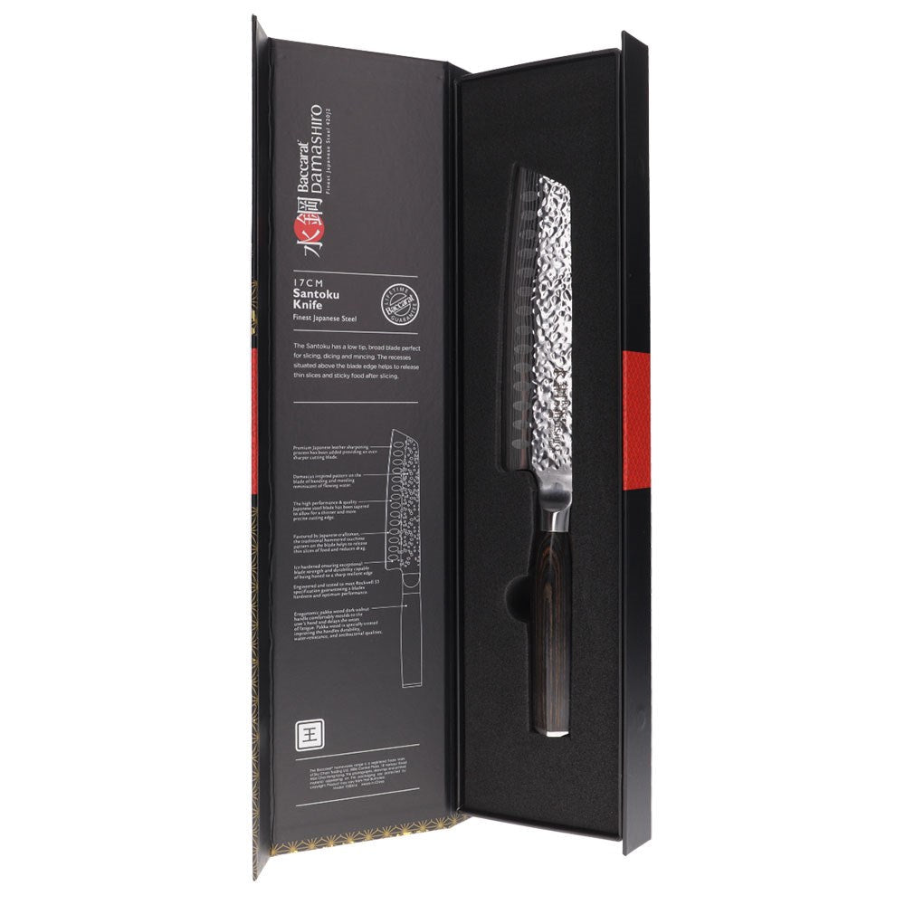 Elegant chef's knife with Damascus blade and dark wooden handle in a stylish display box - Baccarat