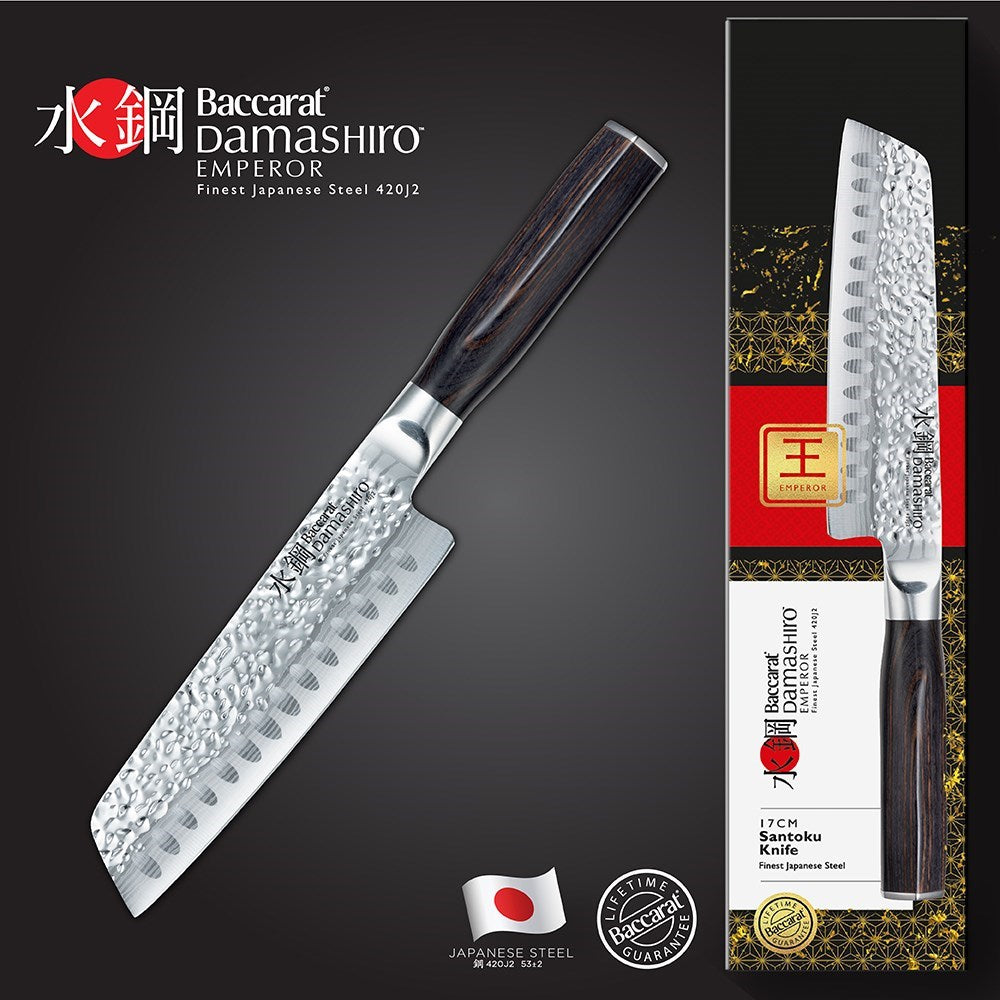 Elegant chef's knife with Damascus blade and dark wooden handle in a stylish display box - Baccarat