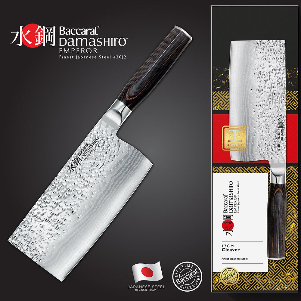 A finely crafted cleaver with a sharp blade and elegant handle design - Baccarat damashiro emperor