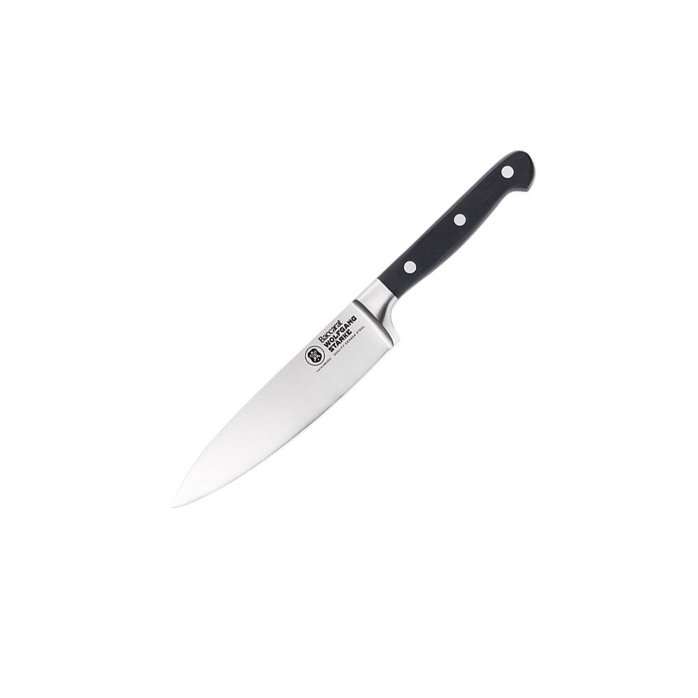 Stainless steel santoku knife with black handle on light grey background - Baccarat Wolfgang Starke