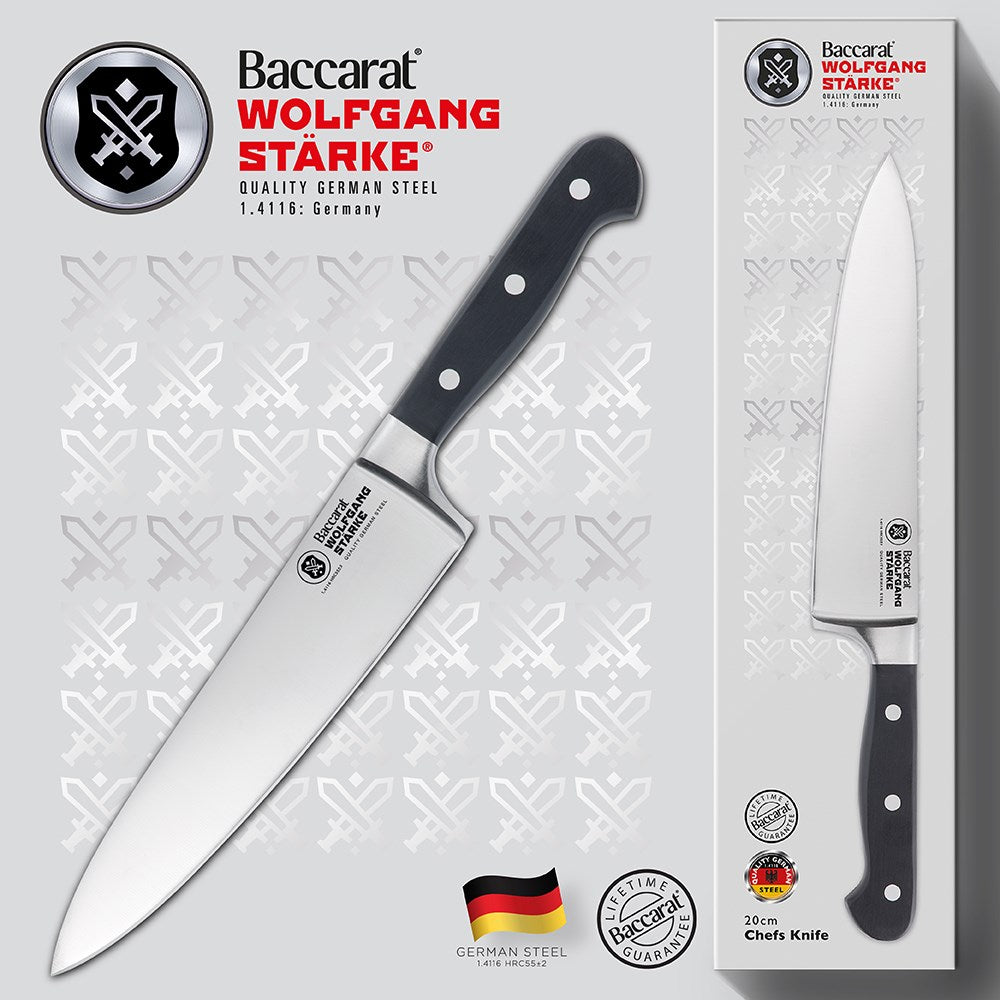 A stainless steel chef's knife with a 20cm blade and a sleek black handle - Baccarat Wolfgang Starke