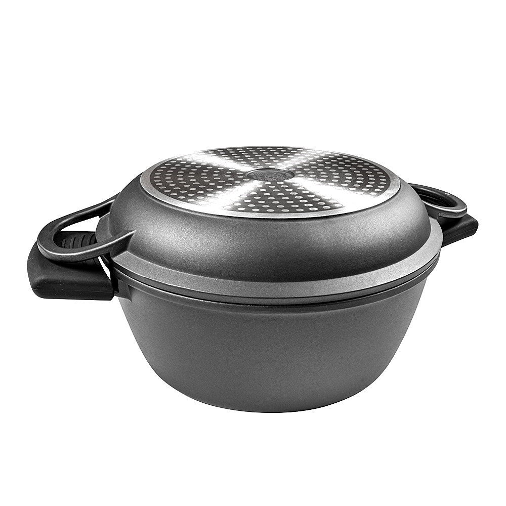 a multi cooker with green beans and eggs on a dark surface - Baccarat stone multi cooker 28cm black