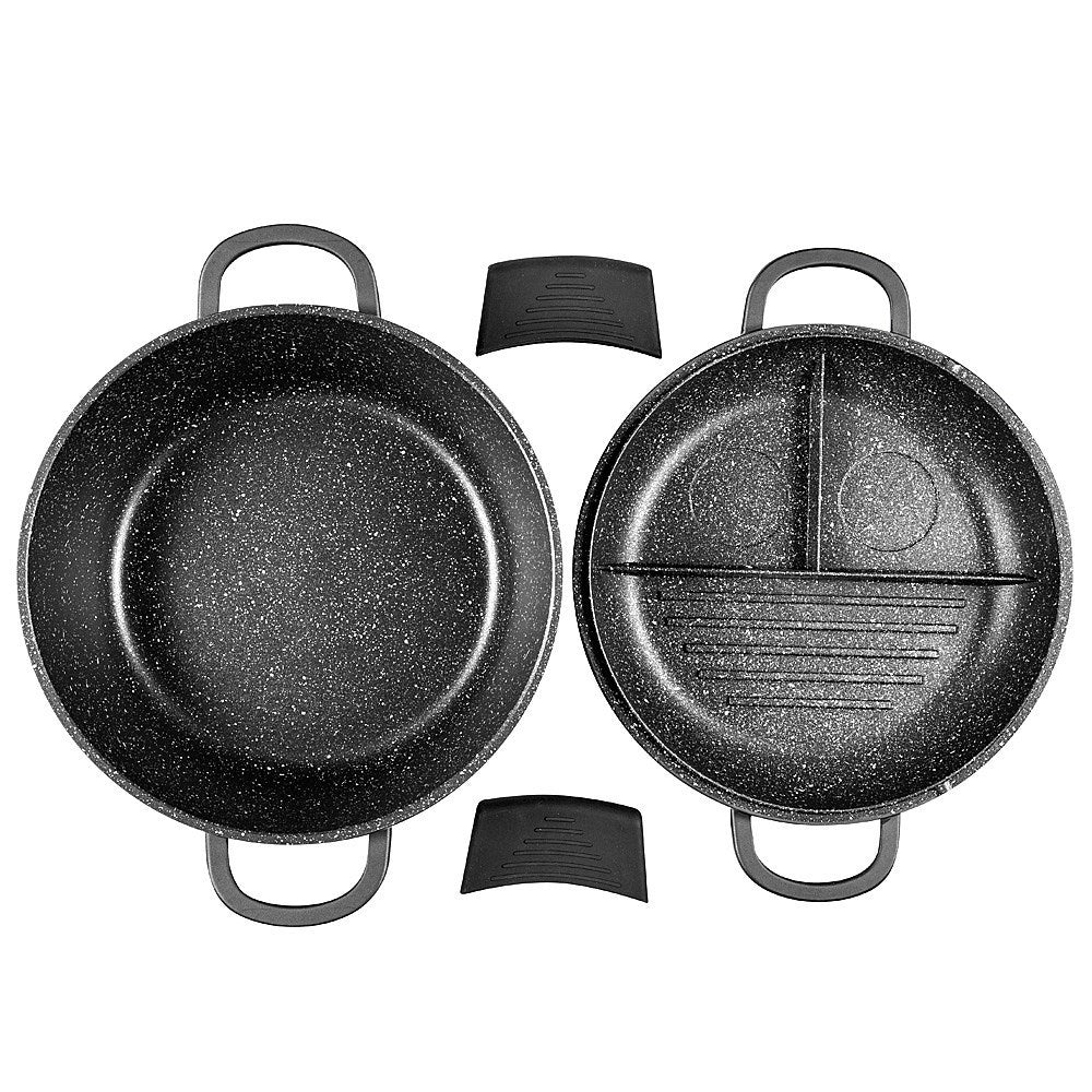 a multi cooker with green beans and eggs on a dark surface - Baccarat stone multi cooker 28cm black