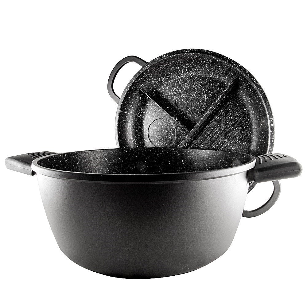 a multi cooker with green beans and eggs on a dark surface - Baccarat stone multi cooker 28cm black