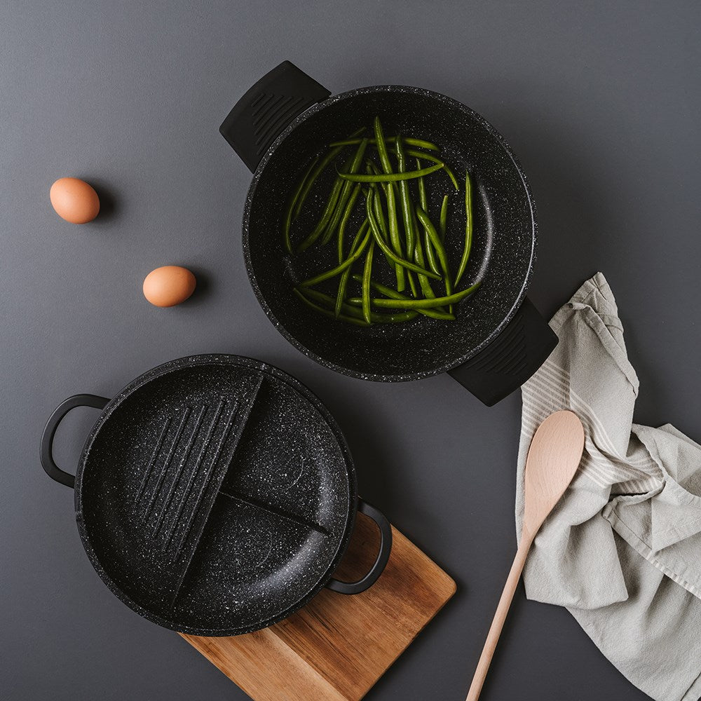 a multi cooker with green beans and eggs on a dark surface - Baccarat stone multi cooker 28cm black