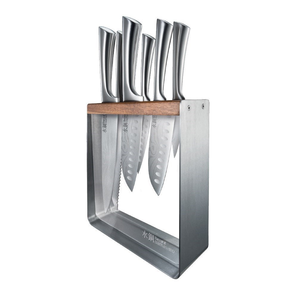 A stunning knife block showcasing sharp elegant blades in fine wood - Baccarat damashiro kinzoku