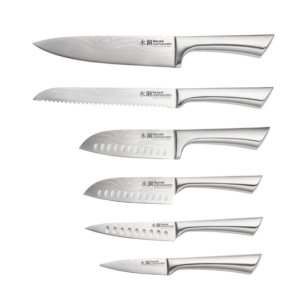 A stunning knife block showcasing sharp elegant blades in fine wood - Baccarat damashiro kinzoku