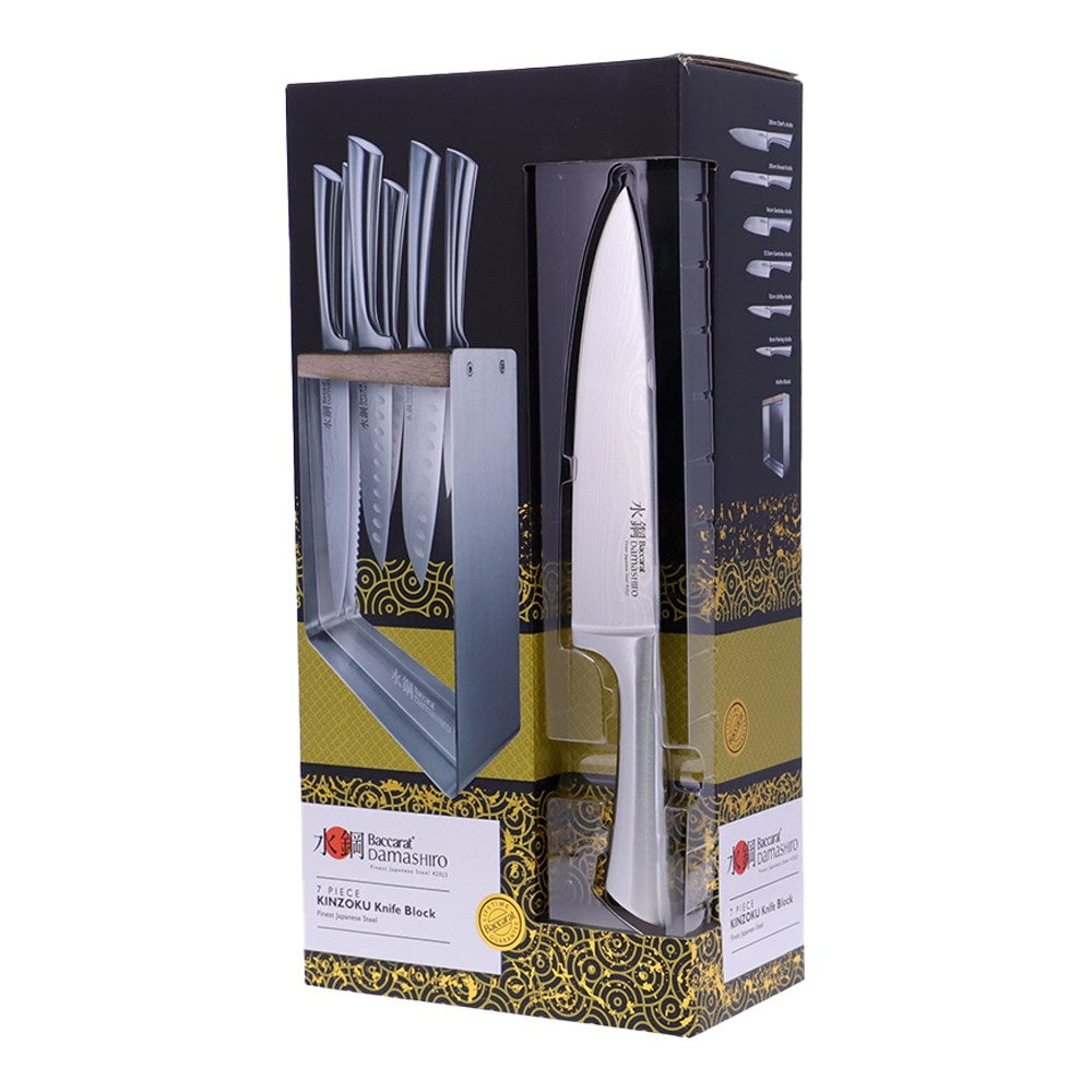 A stunning knife block showcasing sharp elegant blades in fine wood - Baccarat damashiro kinzoku