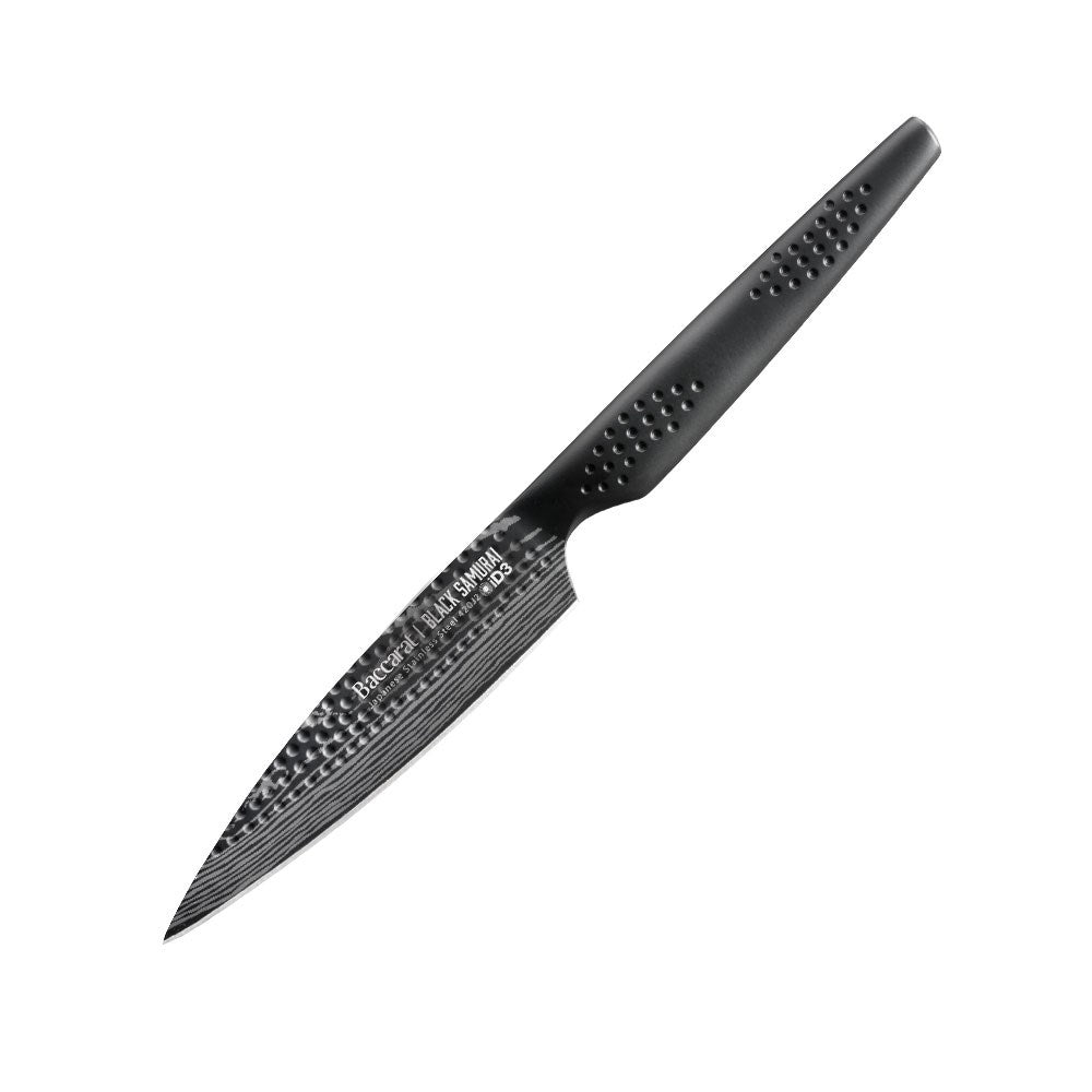 Packaging of a sleek black utility knife with a sharp blade against a dark backdrop - Baccarat ID3