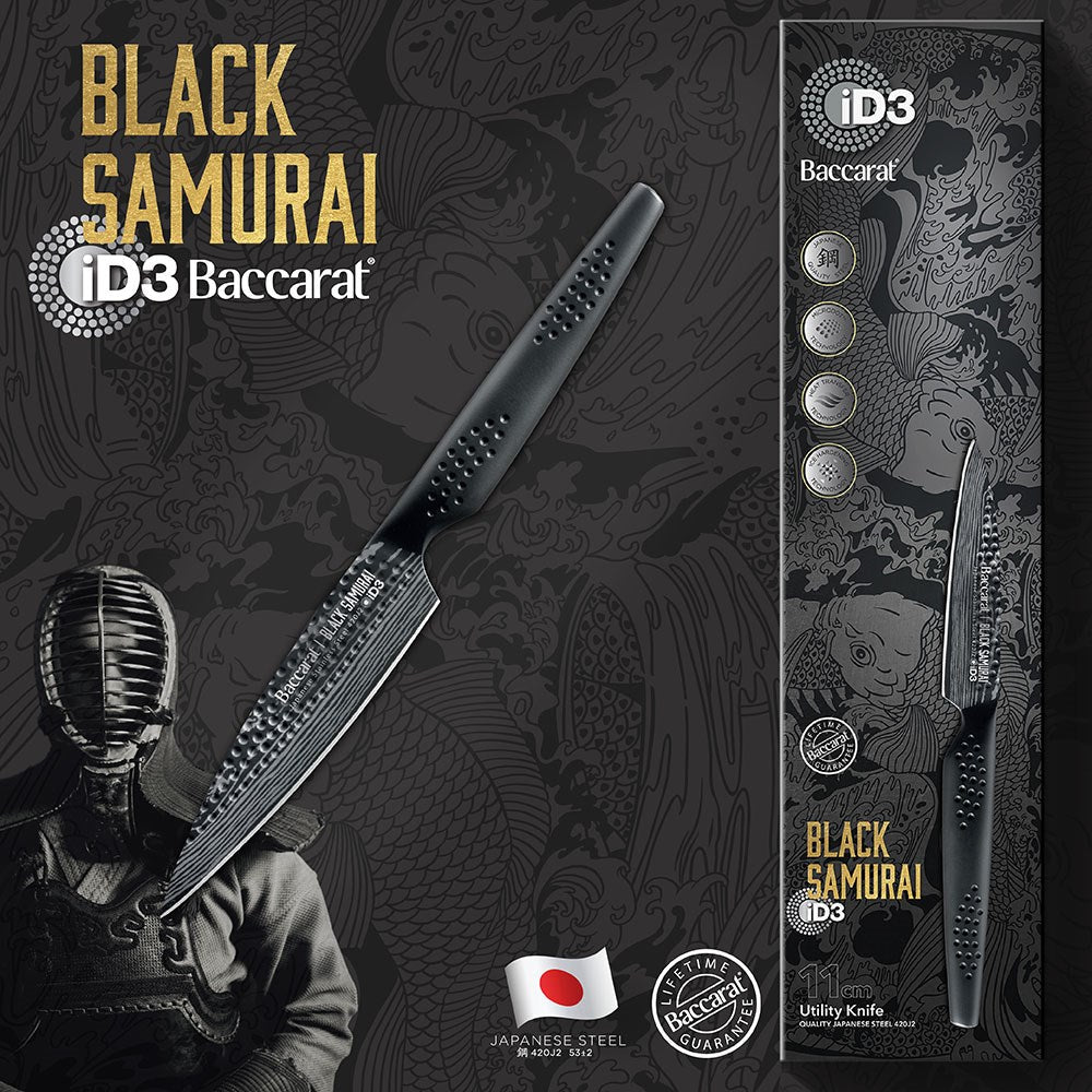 Packaging of a sleek black utility knife with a sharp blade against a dark backdrop - Baccarat ID3
