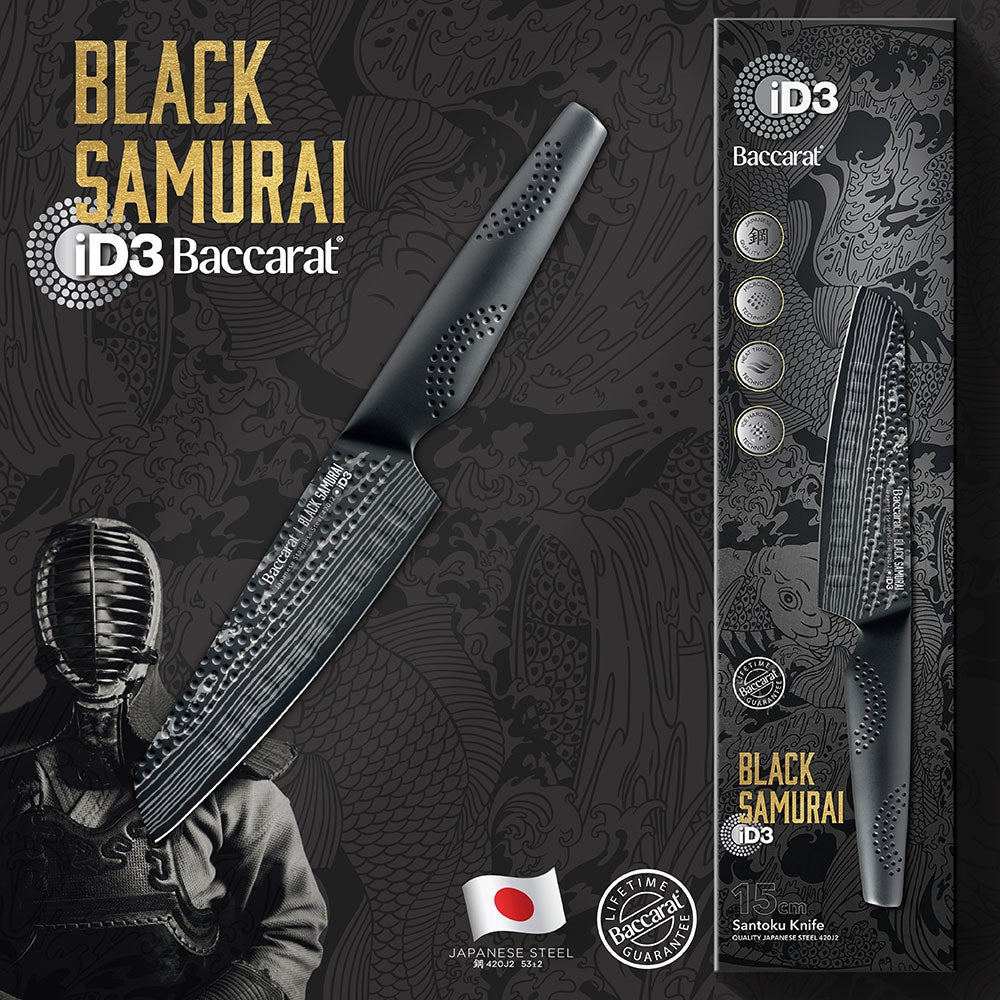 A sharp versatile santoku knife with a black handle and blade texture - Baccarat ID3 Black Samurai