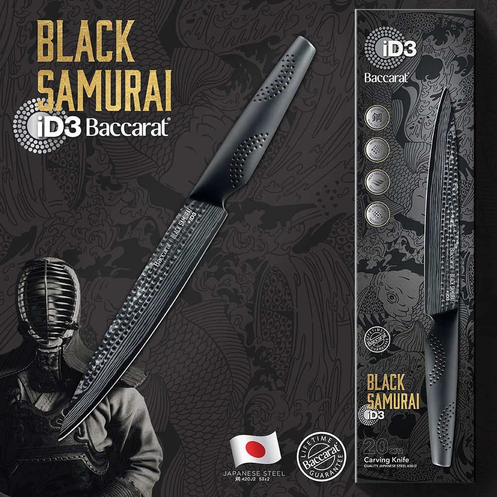 A sharp chef's knife with a black blade and textured handle perfect for precision cutting - Baccarat