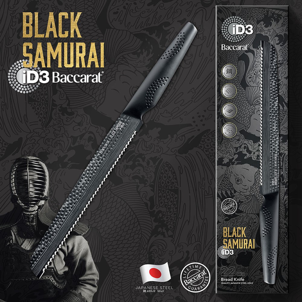 sleek black carving knife on a wooden board with noodles and mushrooms - Baccarat id3 black Samurai