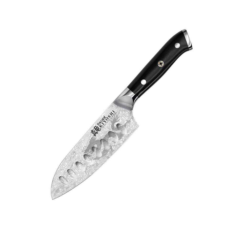 Five sleek santoku knives with dark handles and small fruits around them - Kiyoshi Baccarat Try Me