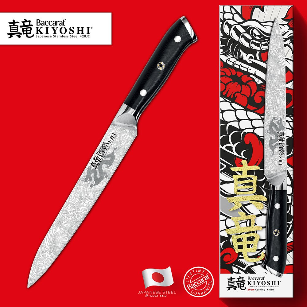 Sharp chefs knife on wooden board with lamb ribs and onions - Baccarat kiyoshi carving knife 20cm