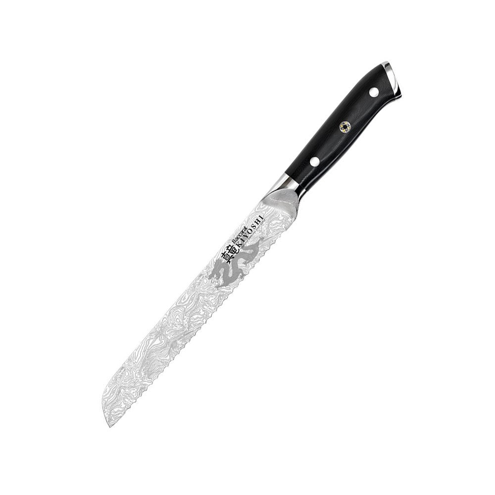 Sliced bread on cutting board with black knife, figs and spread - Baccarat Kiyoshi Bread Knife 20cm