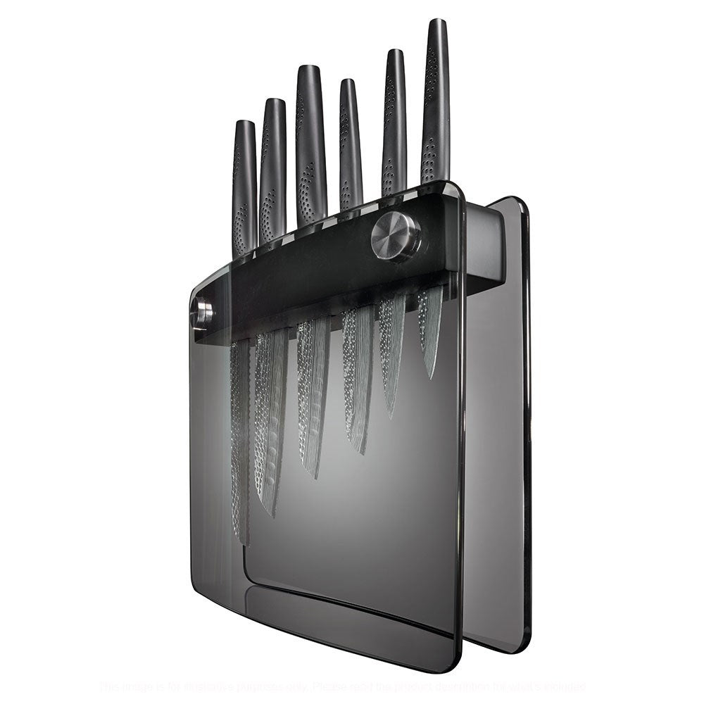 A Baccarat id3 Black Samurai Sakai knife block displaying transparent walls with fresh vegetables