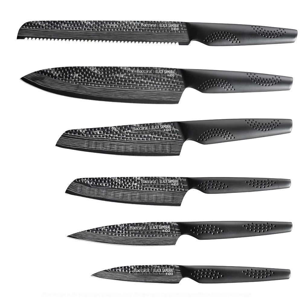 A Baccarat id3 Black Samurai Sakai knife block displaying transparent walls with fresh vegetables