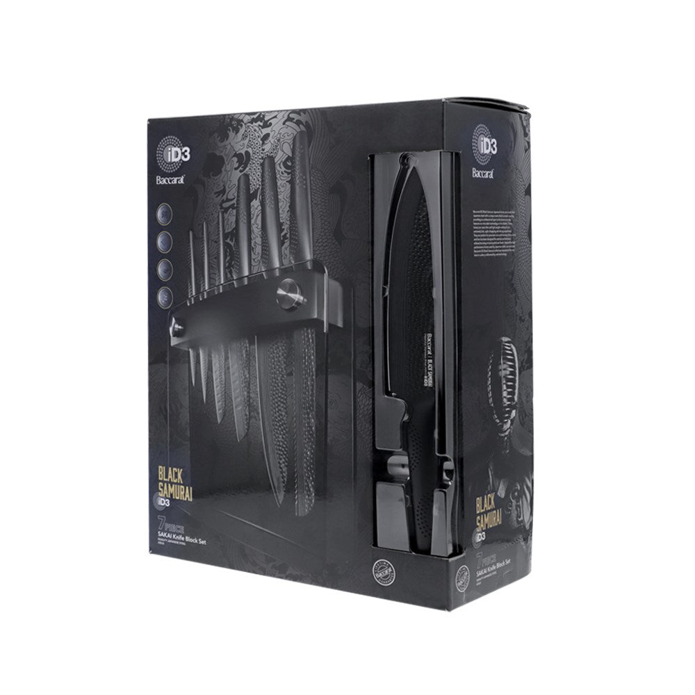 A Baccarat id3 Black Samurai Sakai knife block displaying transparent walls with fresh vegetables