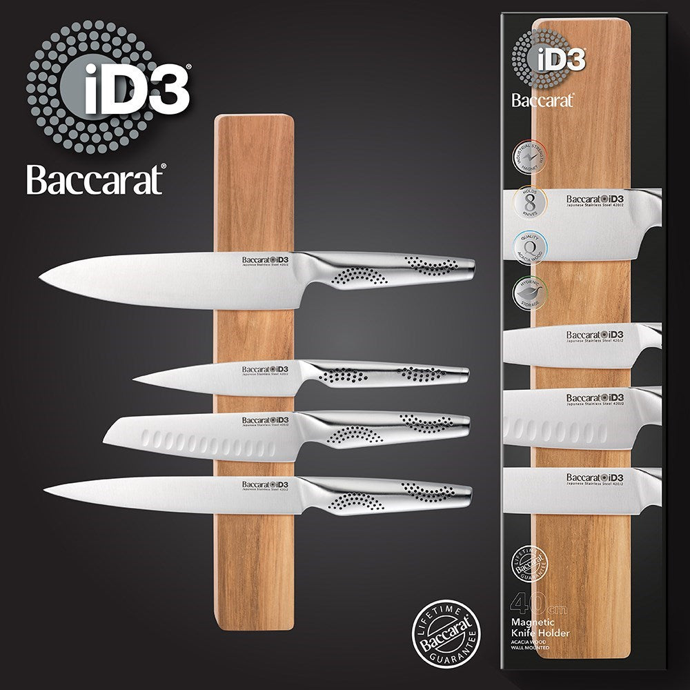 Magnetic acacia wood wall mounted knife holder displaying knives with black handles - Baccarat