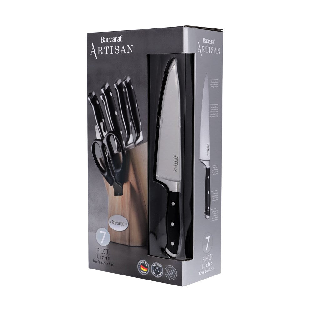 A square marble knife holder displays five sharp knives and scissors in acacia wood - Baccarat