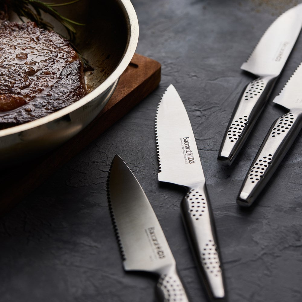 Six premium kitchen knives with stainless steel blades elegantly displayed - Baccarat artisan kyoto