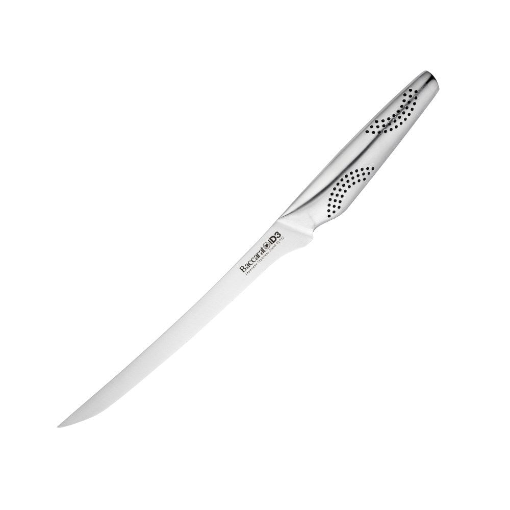 Sleek Baccarat Filleting Knife 20cm slicing salmon on a board with lemon slices and herbs
