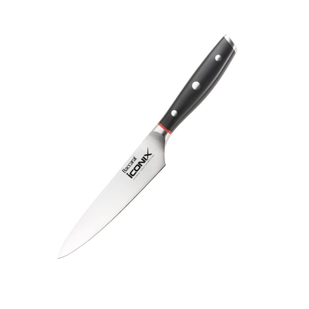 A sleek silver kitchen knife on a dark slate background black handle utility knife 12 5cm - Iconix