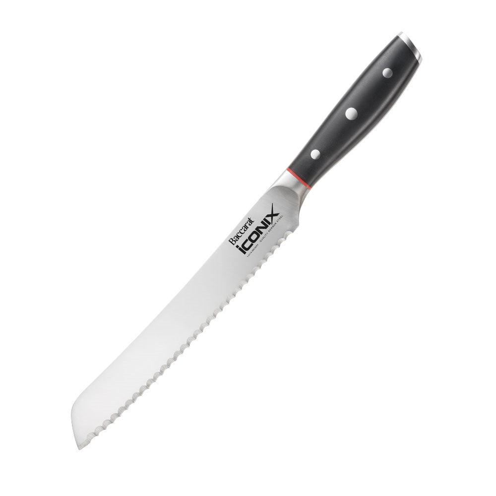 A serrated bread knife with a black handle next to black and red packaging bread knife 20cm - Iconix
