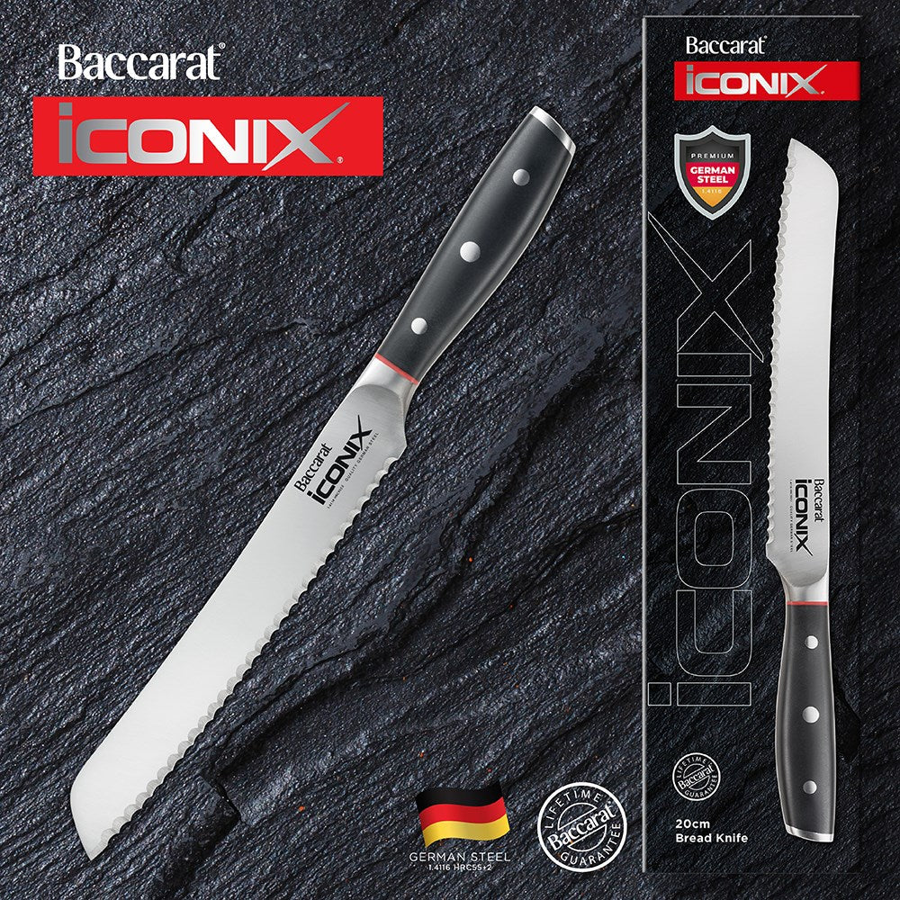 A serrated bread knife with a black handle next to black and red packaging bread knife 20cm - Iconix