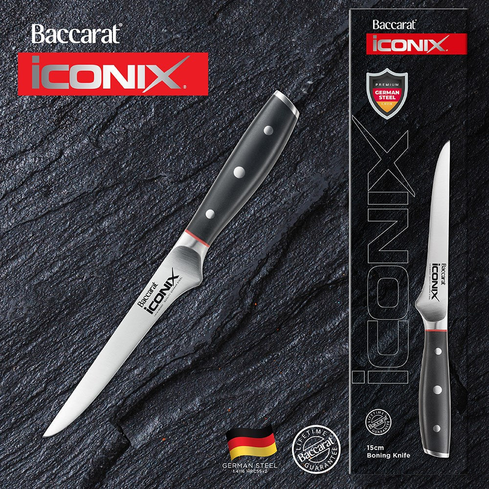 A sharp curved-blade cleaver knife with a black handle and silver accents 17 5cm - Baccarat Iconix