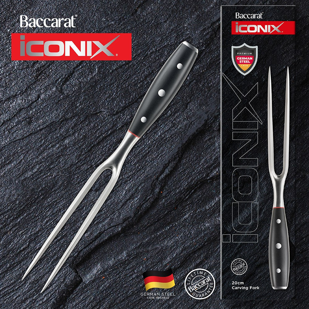 A variety of cleaver knives on wooden boards with fresh vegetables black handles - Baccarat iconix