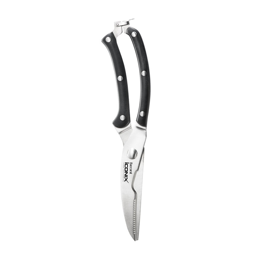 A pair of kitchen shears with black handles and stainless steel blades - Baccarat Iconix Shears