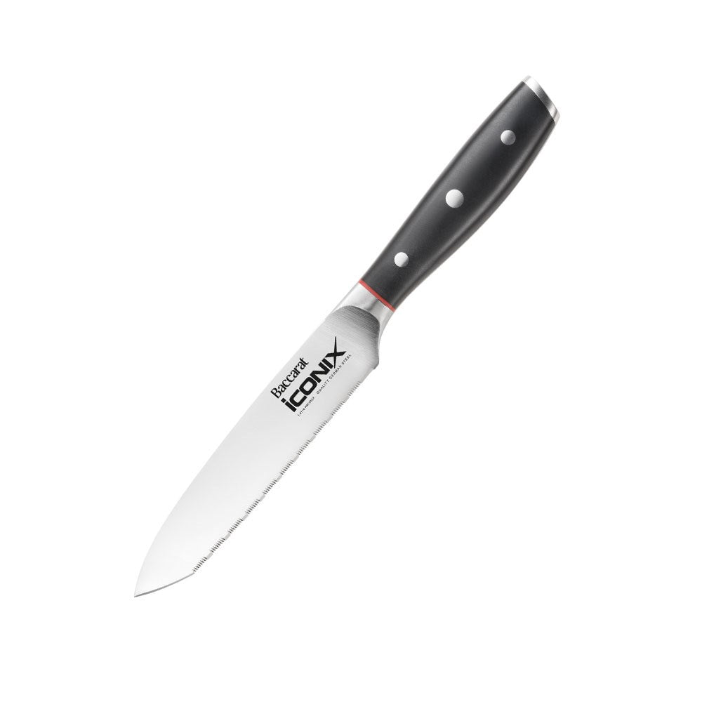 Knives with black handles on a wooden board with vegetables black handle cutlery set - Iconix