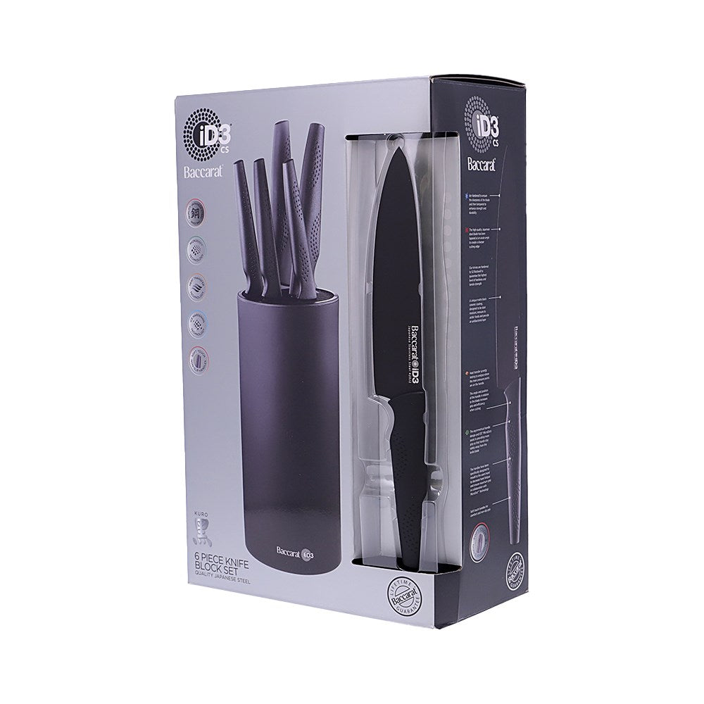 Stylish knife block with six sleek knives and vibrant apples in the background - Baccarat id3 kuro
