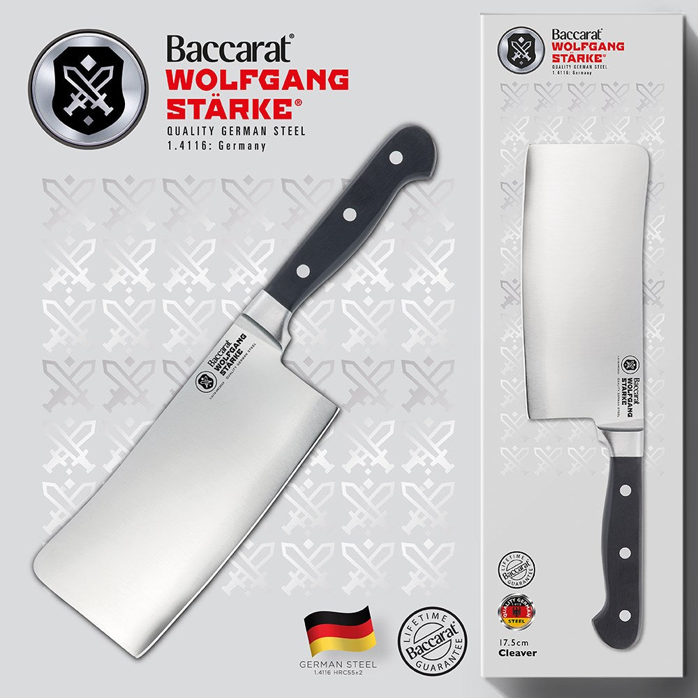 A sharp cleaver with a black handle on a white background stainless steel kitchen knife - Baccarat