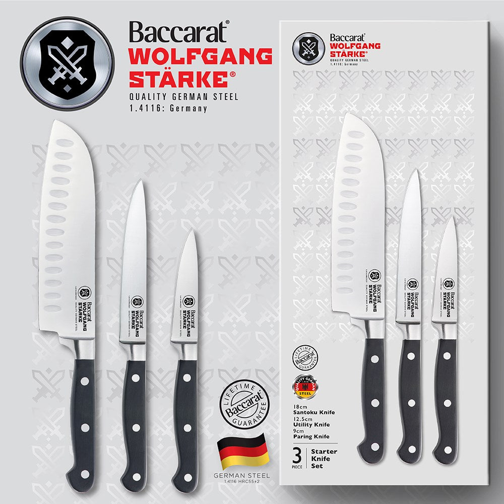 Three kitchen knives with black handles and stainless steel blades 15cm - Baccarat Wolfgang Starke