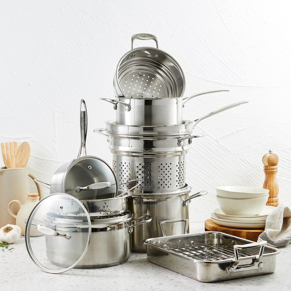 silver cookware set in a box containing pots and pans stainless steel cookware set - Wolfgang Starke