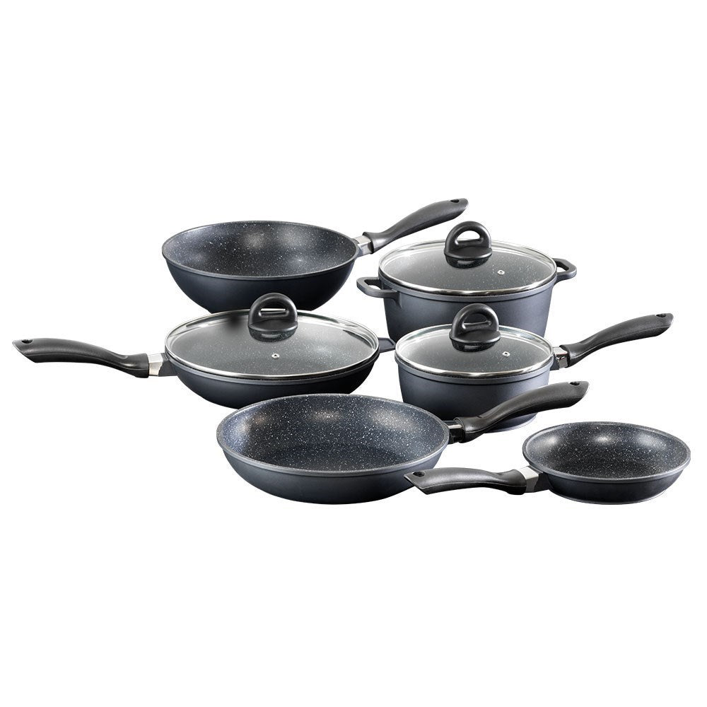 A complete cookware set with non-stick pans and pots featuring sleek black surfaces - Baccarat