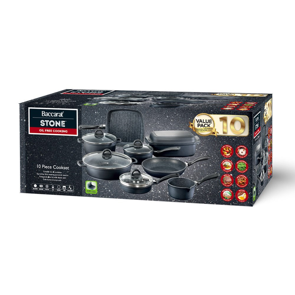 A complete cookware set with pots pans and a grill pan featuring black non-stick surfaces - Baccarat