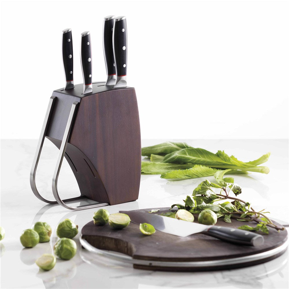 Three stainless steel knives on a dark wood countertop cookware set with egg poacher - Iconix Holz