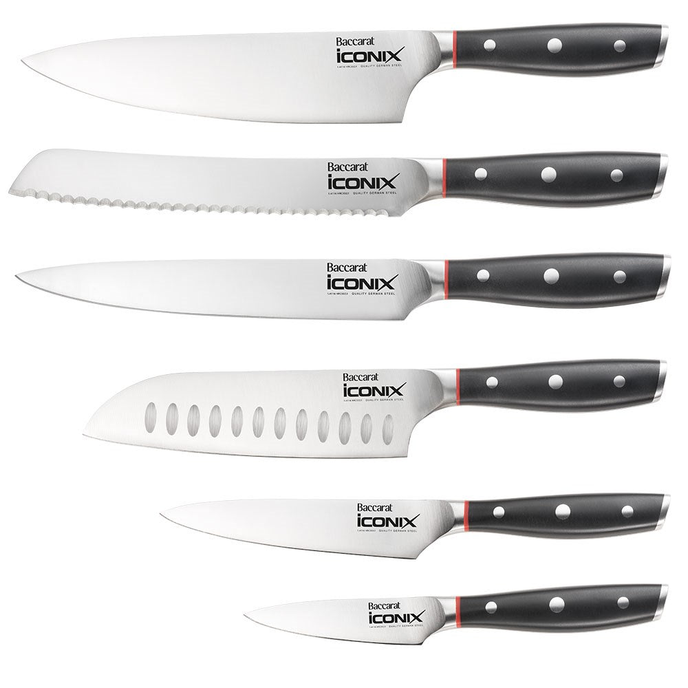 Set of six kitchen knives with black handles and silver blades - knife set - Baccarat iconix holz