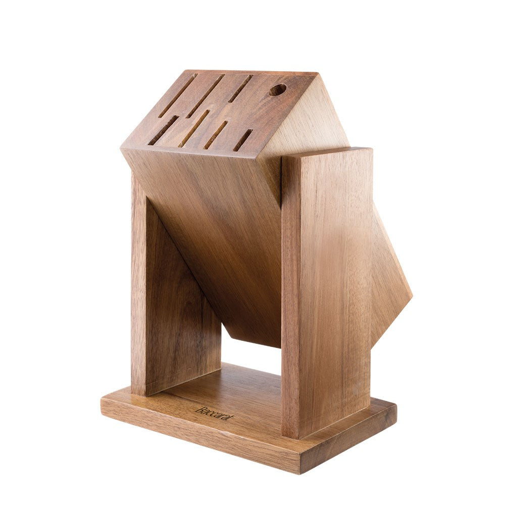 Wooden knife block with 9-piece black-handled knives on marble with herbs on cutting board- Baccarat