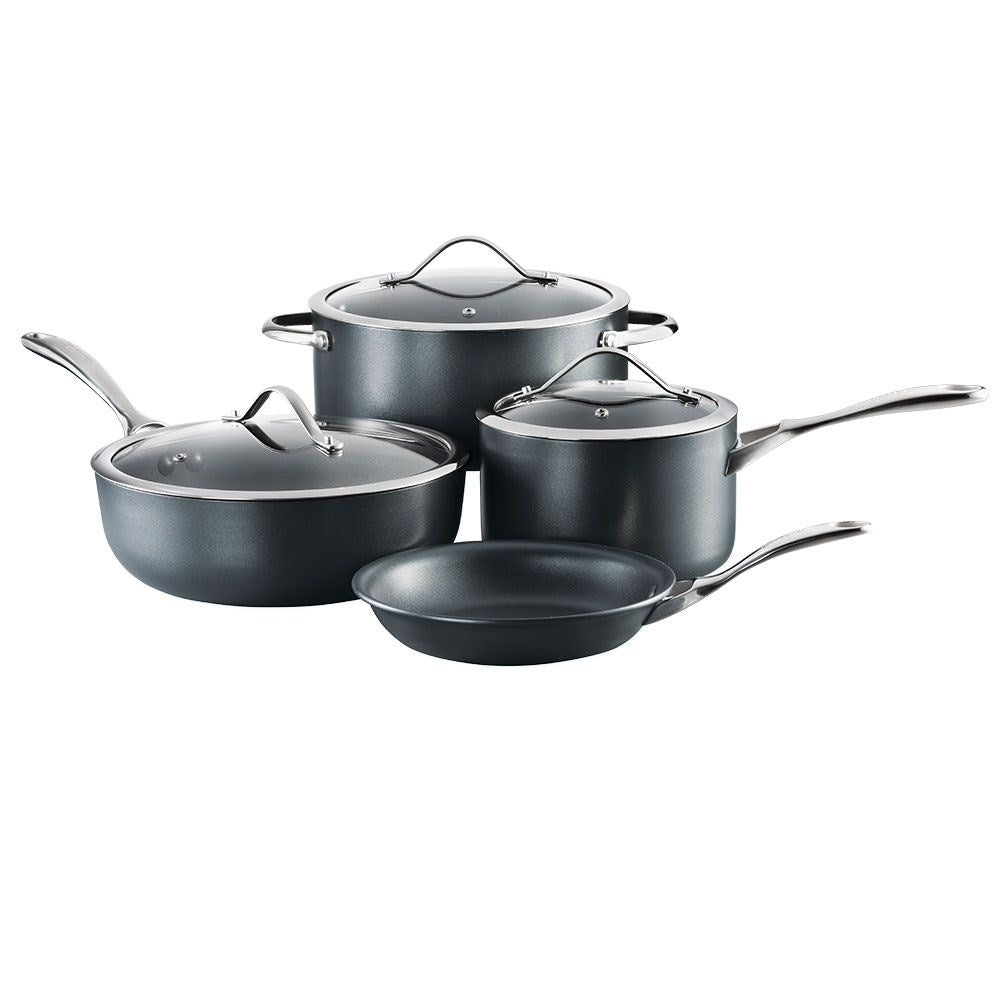 Stacked black cookware cutting boards and colourful peppers 4 piece cookware set - ID3 CS Ultimate