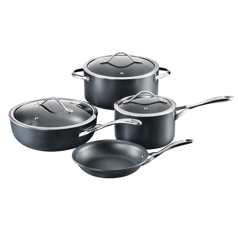 Stacked black cookware cutting boards and colourful peppers 4 piece cookware set - ID3 CS Ultimate